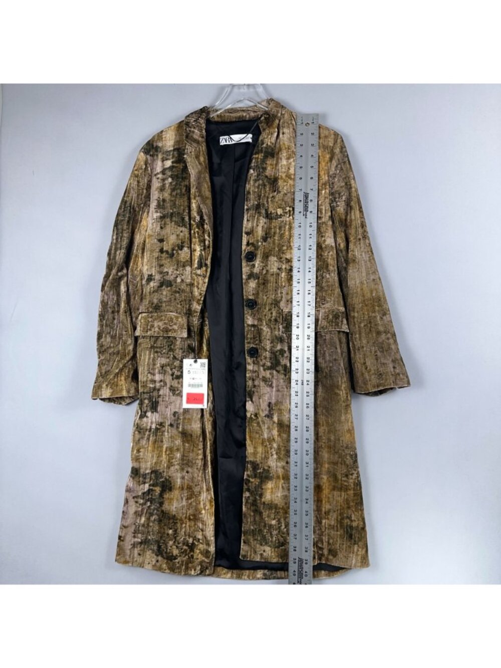 Zara Tie-Dye Velvet Long Coat Size Small Brown Gold Bbstract Pattern - Picture 11 of 14